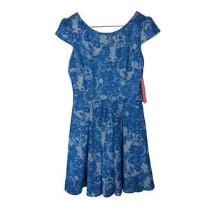 NWT Betsey Johnson Blue Floral Lace V-back Cap Sleeve Mini Dress